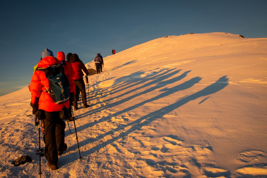 Hikers in vivid jackets trek up a snowy hill at sunrise, casting long shadows.